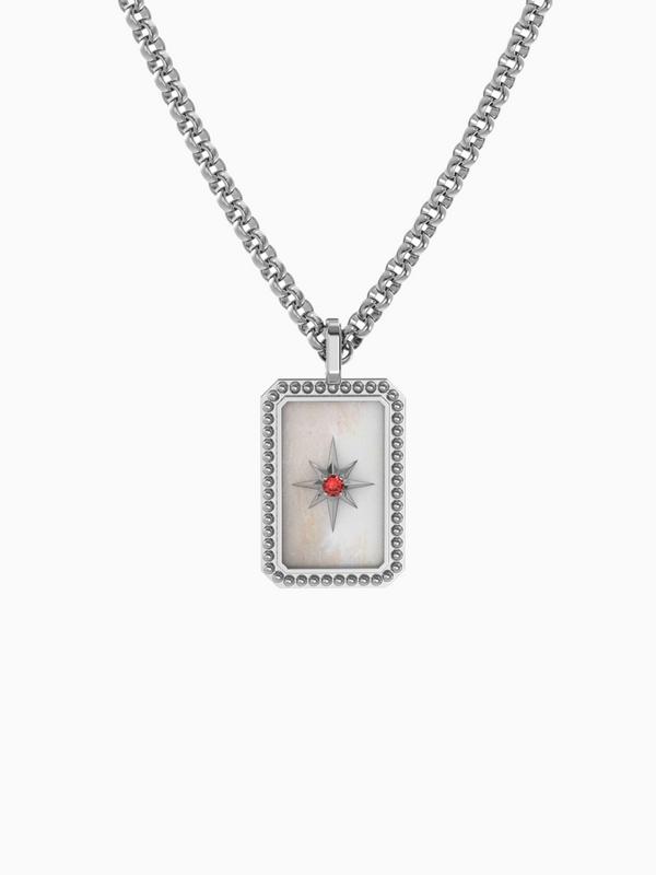Mother of Pearl Compass Necklace (Garnet) - Rhodium Plated