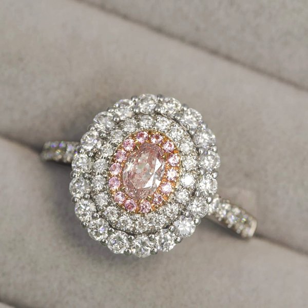 Double Halo Oval Pink Diamond Ring