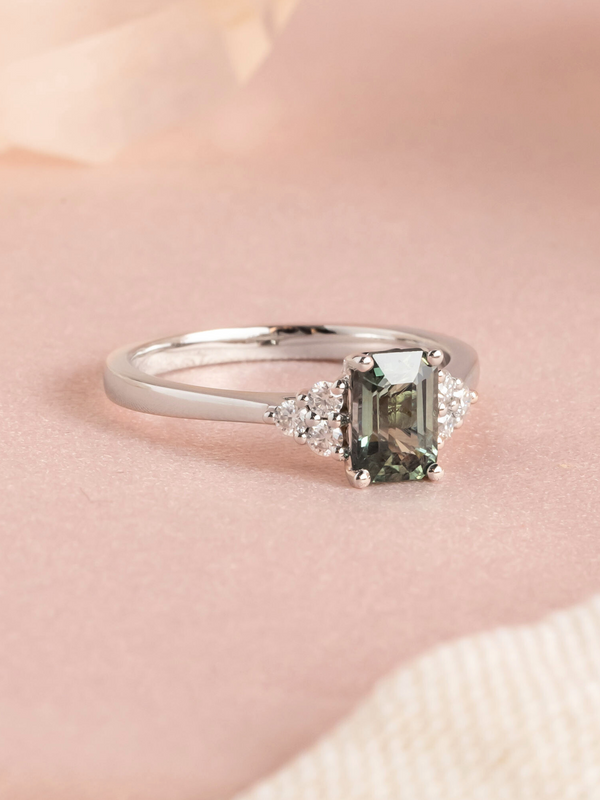Tiffany Ring - Teal Sapphires & Moissanites - 18K White Gold