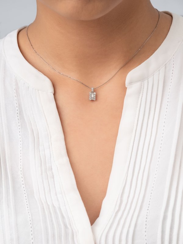 Eva Emerald Halo Diamond Necklace - Platinum