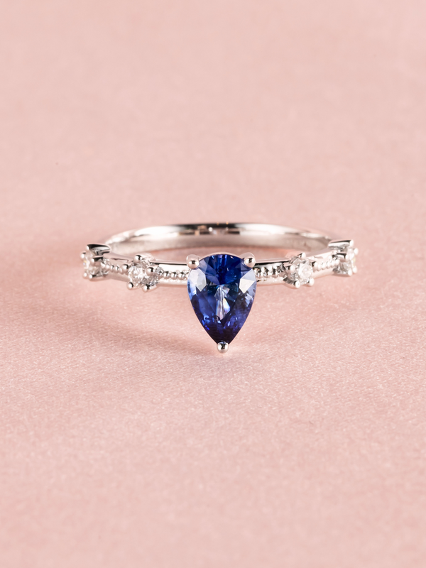 Kara Ring - Blue Sapphire & Moissanite - 18k White Gold