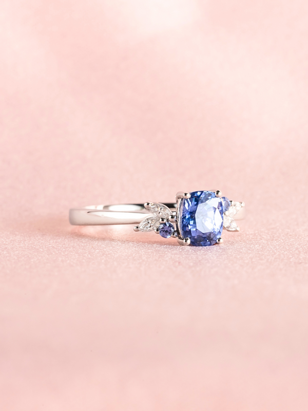 Jestina Ring - Blue Sapphire & Moissanite - 18K White Gold 