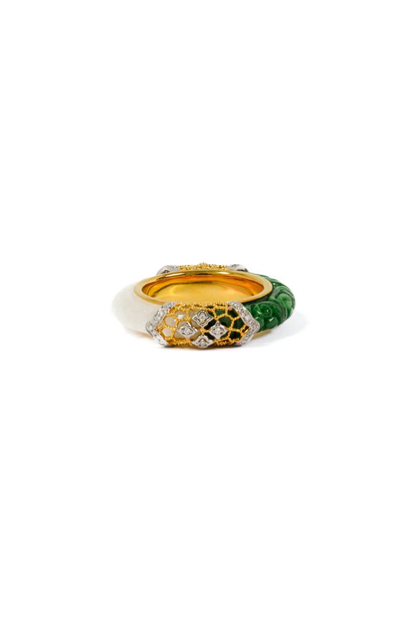 Natural Green & White Jade with Diamonds - 18K Solid Gold