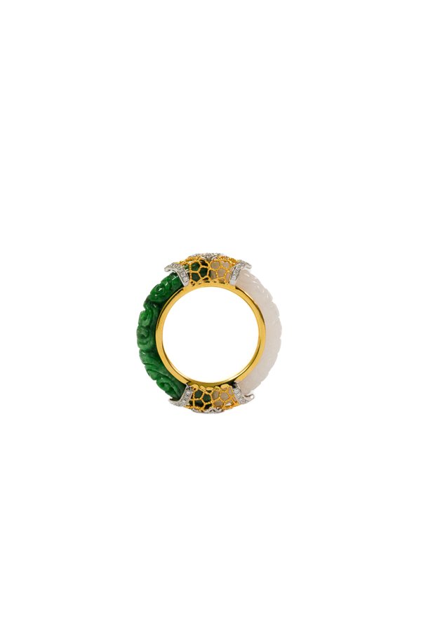 Natural Green & White Jade with Diamonds - 18K Solid Gold