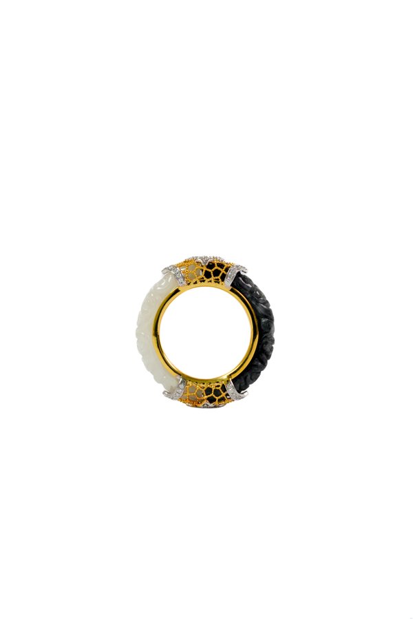 Natural Black & White Jade with Diamonds - 18K Solid Gold