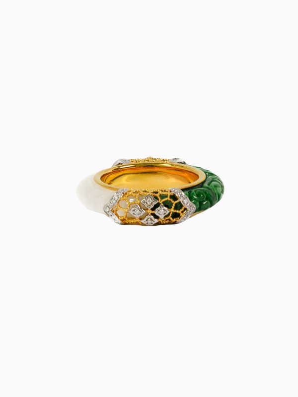 Natural Green & White Jade with Diamonds - 18K Solid Gold