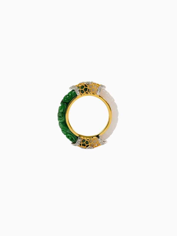 Natural Green & White Jade with Diamonds - 18K Solid Gold