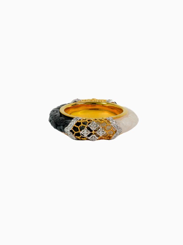 Natural Black & White Jade with Diamonds - 18K Solid Gold