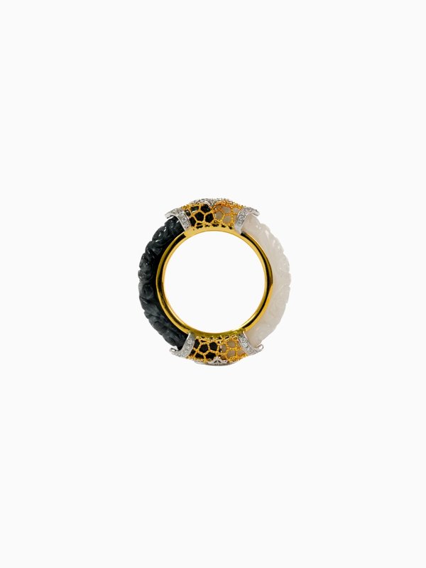 Natural Black & White Jade with Diamonds - 18K Solid Gold