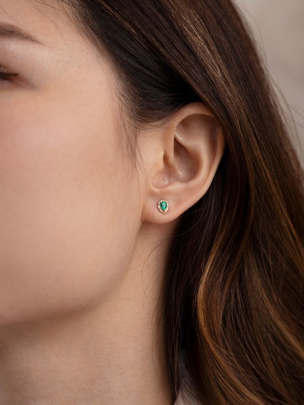 Emerald Pear Halo 18K Yellow Gold Earrings