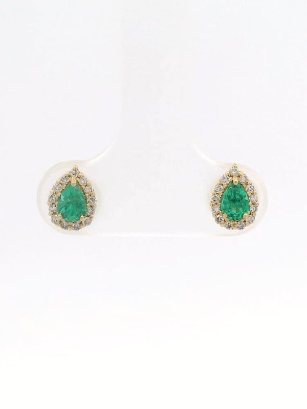 Emerald Pear Halo 18K Yellow Gold Earrings