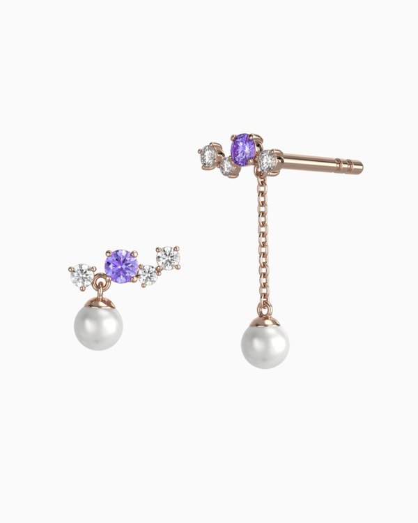 Ashley Earrings (Diamonds, Tanzanite & Pearl) - 10K Rose Gold