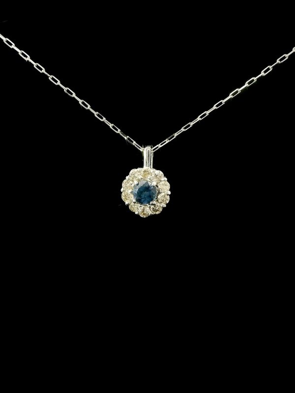 Sapphire Diamond Necklace - Platinum (Halo Design)