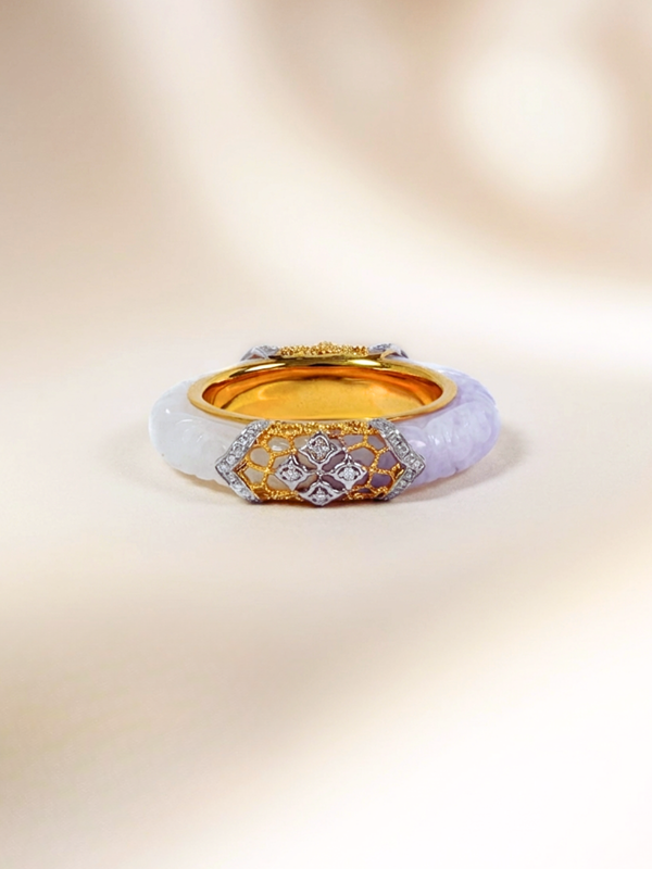 Natural White & Lavender Jade with Diamonds - 18K Solid Gold