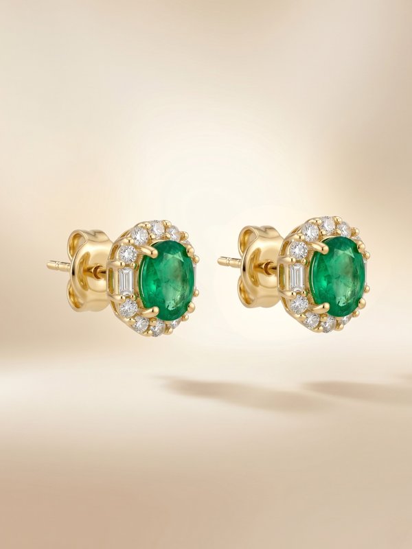18K Yellow Gold Afghanistan Emerald Diamonds Stud